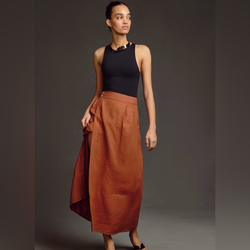Anthropologie Linen wrap Maxi Skirt in chic cedar brown.